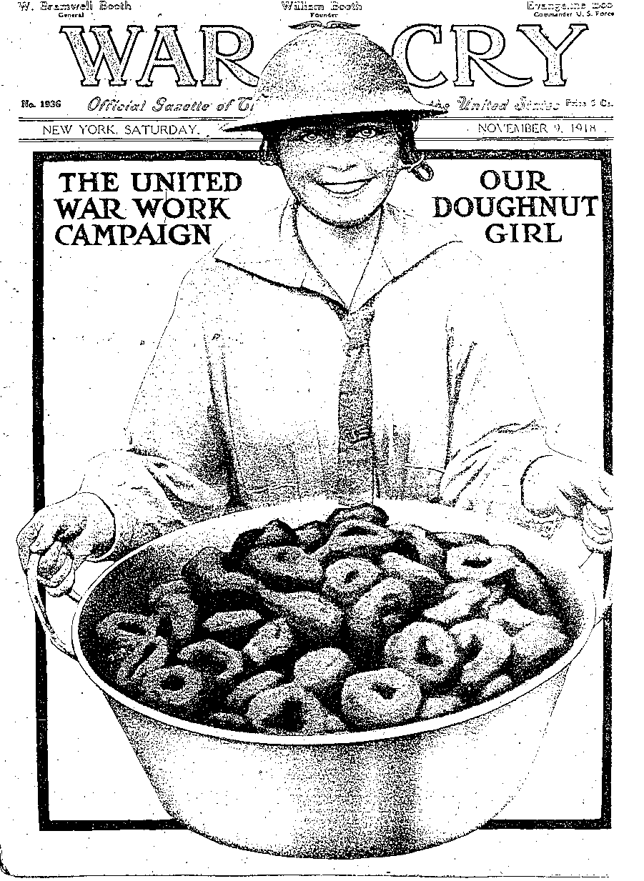 Front page of the War Cry, featuring a WWI donut lassie